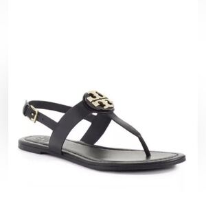 TORY BURCH Claire Flat Buckle‎ Thong Sandals Black Leather Sz 7M